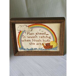 Vintage Noah's Ark Over The Rainbow Needlepoint Wood Frame Nursery Kid's Room